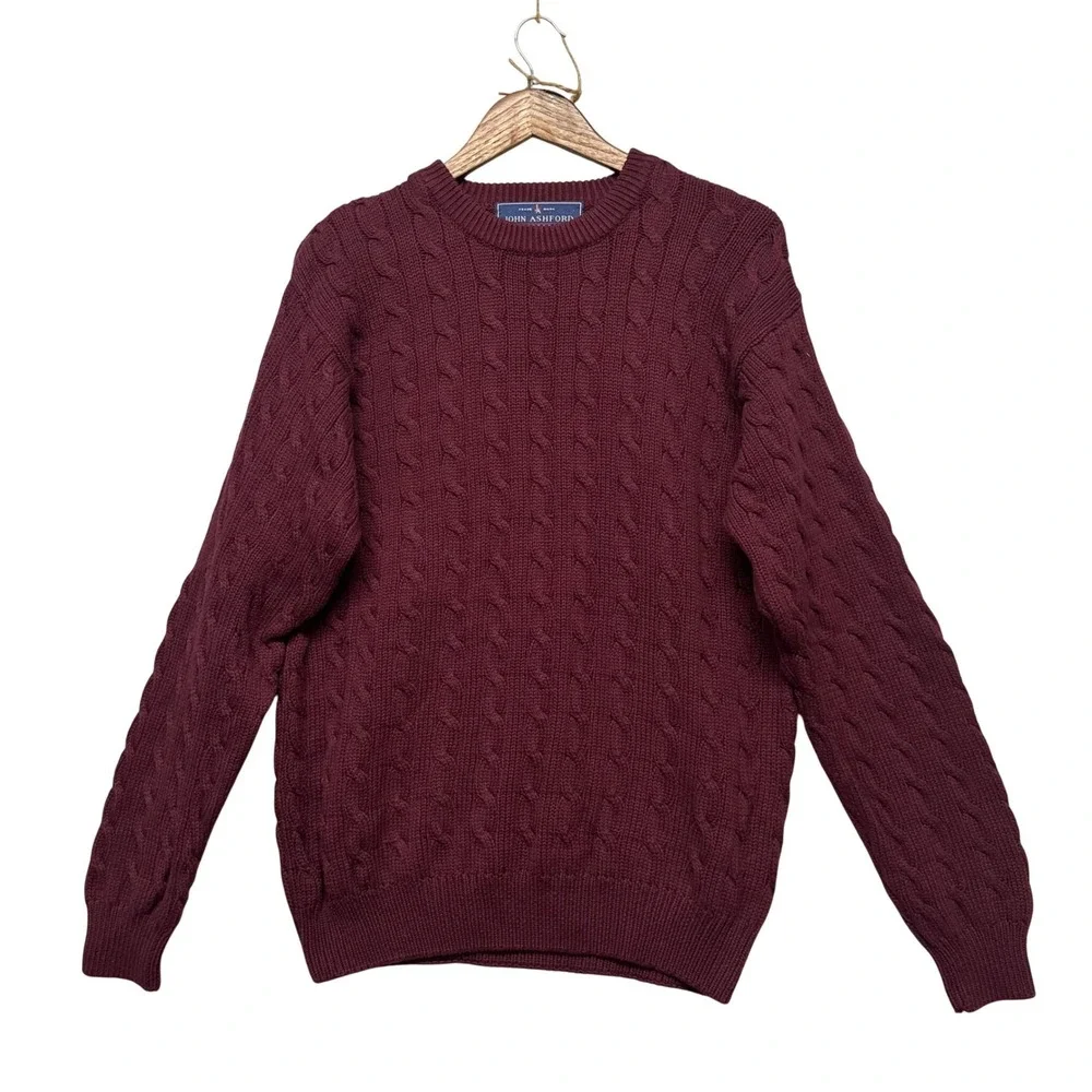 Vtg Mens Size XL Pullover Long Sleeve Sweater Burgundy Chunky Cable Knit Grandpa